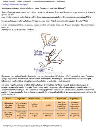Matérias > Biologia > Citologia > Citoplasma > Composição Química e Bioquímica - Metabolismo

Ficologia é o estudo das algas !
As algas eucariontes são estudadas no reino Protista ou no Reino Vegetal !
Suas células possuem membrana celular, carioteca, plastos de diferentes tipos e em pequeno número, às vezes,
apenas um em
cada célula; possuem mitocôndrias, além de outras organelas celulares. Possuem membrana esquelética.
São unicelulares ou pluricelulares. Nestas, o corpo é um TALO, portanto, são vegetais TALÓFITOS.
Muitas são microscópicas, enquanto, outras, podem apresentar talos com dezenas de metros de comprimento,
como as
Nereocystis e Macrocystis (= feofíceas).




De acordo com a classificação do mundo vivo em cinco reinos (Whittaker – 1969), um deles, o dos Protistas,
agrupa organismos eucariontes, unicelulares, autótrofos e heterótrofos. Neste reino se colocam as algas
inferiores: euglenófitas, pirrófitas (dinoflagelados) e crisófitas (diatomáceas).
No reino Vegetal, estarão as algas pluricelulares (vermelhas, pardas e verdes), que mostram todas as
características básicas dos vegetais. Assim como todos os vegetais, elas são eucariontes, pluricelulares e
exclusivamente autótrofas. As clorofilas e outros pigmentos relacionados à fotossíntese ficam no interior de
plastos. A parede celular é de celulose, e o amido é a principal substância de reserva armazenada na forma de
grãos insolúveis.
     Divisão           Pigmentos          Parede celular           Reserva            Locomoção       Reprodução
                                                                                       Talo fixo.      Zoósporos
  Chlorophyta         Clorofilas a;b
                                            Celulose e                               Unicelulares-     Isogamia
    (verdes)            Caroteno                                    Amido
                                             Pectina                                 livres (2 ou 4   Heterogamia
   ad,ab,as,t          Xantofilas
                                                                                        flagelos)      Oogamia

                      Clorofilas a;c
   Phaeophyta
                         Caroteno           Celulose +          Laminarina e         Talos fixos e     Alternância
    (pardas)
                       Fucoxantina            Algina              Manitol             flutuantes      de gerações
      ab,as
                         (parda)



 file:///C|/html_10emtudo/Biologia/html_biologia_total.htm (125 of 472) [05/10/2001 21:56:14]
 