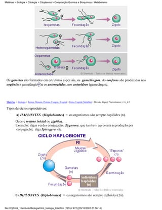 Matérias > Biologia > Citologia > Citoplasma > Composição Química e Bioquímica - Metabolismo




 Os gametas são formados em estruturas especiais, os gametângios. As oosferas são produzidas nos
 oogônios (gametângio )e os anterozóides, nos anterídeos (gametângio).



 Matérias > Biologia > Reinos: Monera, Protista, Fungos e Vegetal > Reino Vegetal (Metáfita) > Divisão Algas ( Pluricelulares ): 16_4-5

 Tipos de ciclos reprodutivos:
           a) HAPLONTES (Haplobiontes) = os organismos são sempre haplóides (n).
          Ocorre meiose inicial ou zigótica.
          Exemplo: algas verdes conjugadas, Zygnema, que também apresenta reprodução por
          conjugação; alga Spirogyra etc.




          b) DIPLONTES (Diplobiontes) = os organismos são sempre diplóides (2n).


file:///C|/html_10emtudo/Biologia/html_biologia_total.htm (129 of 472) [05/10/2001 21:56:14]
 