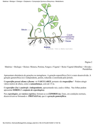 Matérias > Biologia > Citologia > Citoplasma > Composição Química e Bioquímica - Metabolismo




                                                                                                  Página 2

   Matérias > Biologia > Reinos: Monera, Protista, Fungos e Vegetal > Reino Vegetal (Metáfita) > Divisão -
                                                                                               Pteridófitas


 Apresentam alternância de gerações ou metagênese. A geração esporofítica (2n) é a mais desenvolvida. A
 geração gametofítica (n) é independente, porém, reduzida e constituída pelo protalo.
 O esporófito possui xilema e floema   VASCULARES, portanto são traqueófitas ! Podem atingir
 vários metros de altura, como a samambaiaçu, com até 15 m.
 O esporófito (2n) é autótrofo e independente, apresentando raiz, caule e folhas. Nas folhas podem
 apresentar SOROS (= conjunto de esporângios).
 Nos esporângios, por meiose espórica, formam-se os ESPOROS (n). Estes, em condições normais,
 desenvolvem-se formando o PROTALO (n), que é a geração gametofítica.




file:///C|/html_10emtudo/Biologia/html_biologia_total.htm (138 of 472) [05/10/2001 21:56:15]
 
