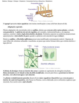 Matérias > Biologia > Citologia > Citoplasma > Composição Química e Bioquímica - Metabolismo




 O aguapé apresenta raízes aquáticas com muitas ramificações e uma coifa bem desenvolvida.
          Adaptações especiais.
 Muitas adaptações são encontradas entre as epífitas, plantas que crescem sobre outras plantas, contudo,
 sem parasitá-la. A epiderme da raiz da orquídea, por exemplo, é pluriestratificada e, em algumas
 espécies, constitui o único órgão fotossintético da planta. Estruturas especiais na epiderme proporcionam
 aparentemente o intercâmbio de gases quando a epiderme está saturada de água (velame).
 Dentre as epífitas, a Dischidia rafflesiana possui uma modificação extremamente notável. Algumas de
 suas folhas são estruturas achatadas e suculentas, ao passo que outras formam tubos que coletam detritos e
 água pluvial.




 Colônias de formigas vivem no interior das urnas e ajudam no suprimento de nitrogênio da planta.
 Raízes formadas no nó situado acima da folha modificada, crescem para baixo e penetram no interior
 da urna, onde absorvem água e sais minerais.
 As plantas verdadeiramente parasitas desenvolvem raízes sugadoras (haustórios) que crescem para o
 interior do caule da hospedeira, indo buscar no floema, a seiva elaborada com os alimentos orgânicos que
 necessita. Isso ocorre com o cipó-chumbo.




file:///C|/html_10emtudo/Biologia/html_biologia_total.htm (186 of 472) [05/10/2001 21:56:17]
 
