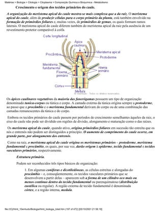 Matérias > Biologia > Citologia > Citoplasma > Composição Química e Bioquímica - Metabolismo

          Crescimento e origem dos tecidos primários do caule.
 A organização do meristema apical do caule mostra-se mais complexa que a da raiz. O meristema
 apical do caule, além de produzir células para o corpo primário da planta, está também envolvido na
 formação de primórdios foliares e, muitas vezes, de primórdios de gemas, os quais formam ramos
 laterais. O meristema apical do caule diferem também do meristema apical da raiz pela ausência de um
 revestimento protetor comparável à coifa.




 Os ápices caulinares vegetativos da maioria das fanerógamas possuem um tipo de organização
 denominado tunica-corpus ou túnica e corpo. A camada externa da túnica origina sempre a protoderme,
 ao passo que o procâmbio e o meristema fundamental derivam do corpo ou de uma combinação das
 camadas remanescentes da túnica e do corpo.
  Embora os tecidos primários do caule passem por períodos de crescimento semelhantes àqueles da raiz, o
 eixo do caule não pode ser dividido em regiões de divisão, alongamento e maturação como o das raízes.
  Os meristema apical do caule, quando ativo, origina primórdios foliares em sucessão tão estreita que os
 nós e entrenós não podem ser distinguidos a princípio. O aumento de comprimento do caule ocorre, em
 grande parte, por alongamento dos entrenós.
  Como na raiz, o meristema apical do caule origina os meristemas primários – protoderme, meristema
 fundamental e procâmbio, os quais, por sua vez, darão origem à epiderme, tecido fundamental e tecidos
 vasculares primários, respectivamente.
           Estrutura primária.
           Podem ser reconhecidos três tipos básicos de organização:
                  1. Em algumas coníferas e dicotiledôneas, as células estreitas e alongadas do
                  procâmbio – e, conseqüentemente, os tecidos vasculares primários que se
                  desenvolvem a partir delas – aparecem sob a forma de um cilindro oco mais ou
                  menos contínuo dentro do tecido fundamental ou parenquimatoso (distribuição
                  eustélica ou regular). A região externa de tecido fundamental é denominada
                  córtex, e a região interna, medula.




file:///C|/html_10emtudo/Biologia/html_biologia_total.htm (197 of 472) [05/10/2001 21:56:18]
 