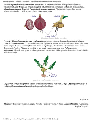 Matérias > Biologia > Citologia > Citoplasma > Composição Química e Bioquímica - Metabolismo

 Embora superficialmente semelhantes aos bulbos, os cormos consistem principalmente de tecido
 fundamental. Suas folhas são geralmente finas e bem menores que as dos bulbos; em conseqüência, o
 alimento armazenado do cormo é encontrado no caule carnoso. Plantas bem conhecidas, como a
 palma-de-santa-rita, o açafrão e o ciclame, produzem cormos.




 A couve-rábano (Brassica oleracea caulorapa) constitui um exemplo de uma planta comestível com
 caule de reserva carnoso. O caule curto e espesso ergue-se acima do solo e possui várias folhas com bases
 muito largas. A couve comum (Brassica oleracea capitata) é estreitamente relacionada à couve-rábano. A
 denominada “cabeça” da couve consiste de um caule curto com numerosas folhas espessas e
 imbricadas. Além de uma gema terminal, podem ser encontradas várias gemas axilares bem desenvolvidas
 dentro da cabeça.




 Os pecíolos de algumas plantas tornam-se bastante espessos e carnosos. O aipo (Aipum graveolens) e o
 ruibarbo (Rheum rhaponticum) são dois exemplos familiares.




                                                                                                Página 14

  Matérias > Biologia > Reinos: Monera, Protista, Fungos e Vegetal > Reino Vegetal (Metáfita) > Anatomia
                                                                                      > Órgãos Vegetais




file:///C|/html_10emtudo/Biologia/html_biologia_total.htm (210 of 472) [05/10/2001 21:56:18]
 