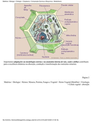 Matérias > Biologia > Citologia > Citoplasma > Composição Química e Bioquímica - Metabolismo




 Importantes adaptações na morfologia externa e na anatomia interna de raiz, caule e folhas contribuem
 para a excelência dinâmica na absorção, condução e transformação dos nutrientes minerais.




                                                                                                 Página 2

  Matérias > Biologia > Reinos: Monera, Protista, Fungos e Vegetal > Reino Vegetal (Metáfita) > Fisiologia
                                                                              > Célula vegetal - absorção




file:///C|/html_10emtudo/Biologia/html_biologia_total.htm (218 of 472) [05/10/2001 21:56:19]
 