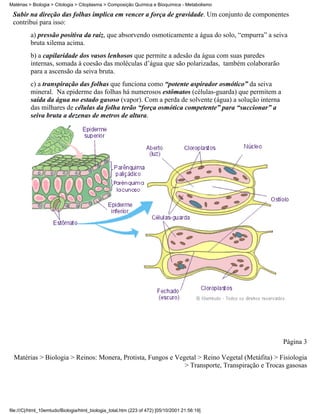 Matérias > Biologia > Citologia > Citoplasma > Composição Química e Bioquímica - Metabolismo

 Subir na direção das folhas implica em vencer a força de gravidade. Um conjunto de componentes
 contribui para isso:
          a) pressão positiva da raiz, que absorvendo osmoticamente a água do solo, “empurra” a seiva
          bruta xilema acima.
          b) a capilaridade dos vasos lenhosos que permite a adesão da água com suas paredes
          internas, somada à coesão das moléculas d’água que são polarizadas, também colaborarão
          para a ascensão da seiva bruta.
          c) a transpiração das folhas que funciona como “potente aspirador osmótico” da seiva
          mineral. Na epiderme das folhas há numerosos estômatos (células-guarda) que permitem a
          saída da água no estado gasoso (vapor). Com a perda de solvente (água) a solução interna
          das milhares de células da folha terão “força osmótica competente” para “succionar” a
          seiva bruta a dezenas de metros de altura.




                                                                                                     Página 3

  Matérias > Biologia > Reinos: Monera, Protista, Fungos e Vegetal > Reino Vegetal (Metáfita) > Fisiologia
                                                              > Transporte, Transpiração e Trocas gasosas




file:///C|/html_10emtudo/Biologia/html_biologia_total.htm (223 of 472) [05/10/2001 21:56:19]
 