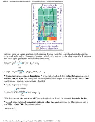 Matérias > Biologia > Citologia > Citoplasma > Composição Química e Bioquímica - Metabolismo




 Sabemos que a luz branca resulta da combinação de diversas radiações: vermelha, alaranjada, amarela,
 verde, azul, anil e violeta. Mas nem todas essas radiações têm o mesmo efeito sobre a clorofila. E portanto,
 nem todas agem igualmente, estimulando a fotossíntese.




 A fotossíntese se processa em duas etapas. A primeira é a fotólise de Hill ou fase fotoquímica. Nela é
 liberado o O2 da água, e os hidrogênios são incorporadas a um aceptor de hidrogênio, no caso, o NADP
 (nicotinamida – adenina –dinucleotídeo – fosfato).
 A reação da primeira etapa é:




 Além disso, ocorre a formação de ATP pela utilização direta da energia luminosa (fotofosforilação).
 A segunda etapa é chamada puramente química ou fase de escuro, proposta por Blackman, na qual o
 NADPH2, reduz o CO2, formando-se açúcar.

 Essa reação é:




file:///C|/html_10emtudo/Biologia/html_biologia_total.htm (228 of 472) [05/10/2001 21:56:19]
 