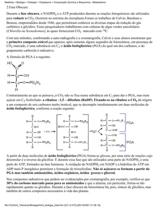 Matérias > Biologia > Citologia > Citoplasma > Composição Química e Bioquímica - Metabolismo

 2.Fase Obscura
 Durante a fase obscura, o NADPH2 e o ATP produzidos durante as reações fotoquímicas são utilizados
 para reduzir o CO2. Ocorrem no estroma do cloroplasto.Foram os trabalhos de Calvin, Bassham e
 Benson, empreendidos desde 1946, que permitiram conhecer as diversas etapas da redução do gás
 carbônico a glicídios. Esses pesquisadores trabalharam com culturas de algas verdes unicelulares
 (Chlorella ou Scenedesmus), às quais forneceram CO2 marcado com 14C.

 Com tais métodos, combinando a auto-radiografia e a cromatografia, Calvin e seus alunos mostraram que
 o primeiro composto estável que aparece, após somente alguns segundos de fotossíntese, em presença de
 CO2 marcado, é uma substância em C3 o ácido fosfoglicérico (PGA) do qual um dos carbonos, o do
 grupamento carboxila é radioativo.
 A fórmula do PGA é a seguinte:




 Contrariamente ao que se pensava ,o CO2 não se fixa numa substância em C2 para dar o PGA, mas num
 açúcar em C5 fosforilado: a ribulose –1,5 – difosfato (RuDP). Fixando-se na ribulose o CO2 dá origem
 a um composto de seis carbonos muito instável, que se decompõe imediatamente em duas moléculas de
 ácido fosfoglicérico, conforme a reação seguinte:




 A partir de duas moléculas de ácido fosfoglicérico (PGA) forma-se glicose, por uma série de reações cujo
 desenrolar é o inverso da glicólise. É durante essa fase que são utilizados uma parte do NADPH2 e uma
 parte do ATP, formados na fase luminosa. A oxidação do NADPH2 em NADP e a hidrólise do ATP em
 ADP mais P inorgânico permitem a formação de triosefosfato. Não só açúcares se formam a partir do
 PGA mas também aminoácidos, ácidos orgânicos, ácidos graxos e glicerol.
 Nos compostos radioativos que podem ser evidenciados por cromatografia, por exemplo, verifica-se que
 30% do carbono marcado passa para os aminoácidos e que a alanina, em particular, forma-se tão
 rapidamente quanto os glicídios. Durante a fase obscura da fotossíntese há, pois, síntese de glicídios, mas
 também de outros compostos necessários à vida das plantas.



file:///C|/html_10emtudo/Biologia/html_biologia_total.htm (231 of 472) [05/10/2001 21:56:19]
 