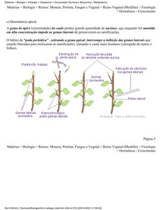 Matérias > Biologia > Citologia > Citoplasma > Composição Química e Bioquímica - Metabolismo

  Matérias > Biologia > Reinos: Monera, Protista, Fungos e Vegetal > Reino Vegetal (Metáfita) > Fisiologia
                                                                             > Hormônios - Crescimento


 c) Dominância apical.
 A gema do ápice (extremidade) do caule produz grande quantidade de auxinas, que enquanto for mantida
 em alta concentração impede as gemas laterais de promoverem as ramificações.

 O hábito da “poda periódica” , retirando a gema apical, interrompe a inibição das gemas laterais que
 estarão liberadas para realizarem as ramificações, tornando o caule mais frondoso (carregado de ramos e
 folhas).




                                                                                                  Página 5

  Matérias > Biologia > Reinos: Monera, Protista, Fungos e Vegetal > Reino Vegetal (Metáfita) > Fisiologia
                                                                             > Hormônios - Crescimento




file:///C|/html_10emtudo/Biologia/html_biologia_total.htm (249 of 472) [05/10/2001 21:56:20]
 