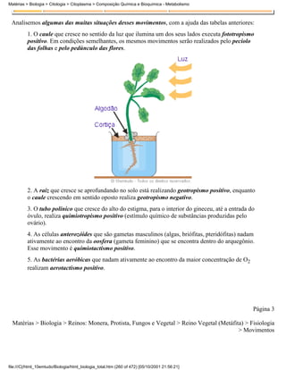 Matérias > Biologia > Citologia > Citoplasma > Composição Química e Bioquímica - Metabolismo



 Analisemos algumas das muitas situações desses movimentos, com a ajuda das tabelas anteriores:
          1. O caule que cresce no sentido da luz que ilumina um dos seus lados executa fototropismo
          positivo. Em condições semelhantes, os mesmos movimentos serão realizados pelo pecíolo
          das folhas e pelo pedúnculo das flores.




          2. A raiz que cresce se aprofundando no solo está realizando geotropismo positivo, enquanto
          o caule crescendo em sentido oposto realiza geotropismo negativo.
          3. O tubo polínico que cresce do alto do estigma, para o interior do gineceu, até a entrada do
          óvulo, realiza quimiotropismo positivo (estímulo químico de substâncias produzidas pelo
          ovário).
          4. As células anterozóides que são gametas masculinos (algas, briófitas, pteridófitas) nadam
          ativamente ao encontro da oosfera (gameta feminino) que se encontra dentro do arquegônio.
          Esse movimento é quimiotactismo positivo.
          5. As bactérias aeróbicas que nadam ativamente ao encontro da maior concentração de O2
          realizam aerotactismo positivo.




                                                                                                       Página 3

  Matérias > Biologia > Reinos: Monera, Protista, Fungos e Vegetal > Reino Vegetal (Metáfita) > Fisiologia
                                                                                           > Movimentos




file:///C|/html_10emtudo/Biologia/html_biologia_total.htm (260 of 472) [05/10/2001 21:56:21]
 