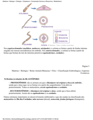 Matérias > Biologia > Citologia > Citoplasma > Composição Química e Bioquímica - Metabolismo




 Nos esquizocelomados (anelídeos, moluscos, artrópodos), o celoma se forma a partir de fendas internas
 surgidas nas massas mesodérmicas do embrião. Nos enterocelomados, o celoma se forma a partir de
 bolsas que brotam do teto do intestino primitivo (equinodermos, cordados).




                                                                                                  Página 3

               Matérias > Biologia > Reino Animal (Metazoa) > Filos > Classificação Embriológica e Aspectos
                                                                                                 Evolutivos


  5) Destino (evolução) do BLASTÓPORO:
          - PROTOSTÔMIOS: são os animais em que o blastóporo vai originar a boca do embrião,
          sendo que o ânus (que vai se formar só a partir dos asquielmintes !) irá abrir-se
          posteriormente. Todos os metazoários, exceto equinodermos e cordados.
          - DEUTEROSTÔMIOS: o blastóporo irá originar o ânus, sendo que a boca abrirá
          posteriormente. Assim são os equinodermos e os cordados.
 Outras estruturas importantes no desenvolvimento embrionário e que são usadas na classificação dos
 metazoários do filo dos Cordados: tubo nervoso (dorsal), notocorda, fendas faríngeas (branquiais).




file:///C|/html_10emtudo/Biologia/html_biologia_total.htm (277 of 472) [05/10/2001 21:56:22]
 