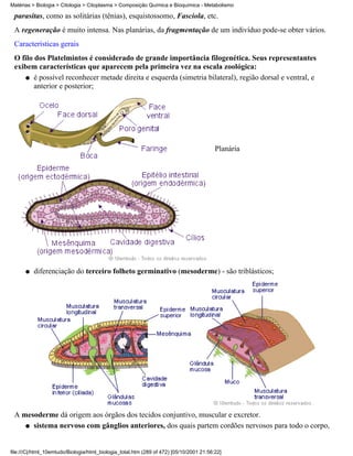 Matérias > Biologia > Citologia > Citoplasma > Composição Química e Bioquímica - Metabolismo

 parasitas, como as solitárias (tênias), esquistossomo, Fasciola, etc.
 A regeneração é muito intensa. Nas planárias, da fragmentação de um indivíduo pode-se obter vários.
 Características gerais
 O filo dos Platelmintos é considerado de grande importância filogenética. Seus representantes
 exibem características que aparecem pela primeira vez na escala zoológica:
    q é possível reconhecer metade direita e esquerda (simetria bilateral), região dorsal e ventral, e
        anterior e posterior;




                                                                                         Planária




      q   diferenciação do terceiro folheto germinativo (mesoderme) - são triblásticos;




 A mesoderme dá origem aos órgãos dos tecidos conjuntivo, muscular e excretor.
    q sistema nervoso com gânglios anteriores, dos quais partem cordões nervosos para todo o corpo,




file:///C|/html_10emtudo/Biologia/html_biologia_total.htm (289 of 472) [05/10/2001 21:56:22]
 