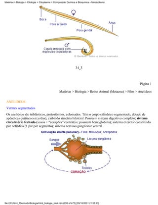 Matérias > Biologia > Citologia > Citoplasma > Composição Química e Bioquímica - Metabolismo




                                                                     34_3



                                                                                                            Página 1

                                                     Matérias > Biologia > Reino Animal (Metazoa) > Filos > Anelídeos


 ANELÍDEOS
 Vermes segmentados
 Os anelídeos são triblásticos, protostômios, celomados. Têm o corpo cilíndrico segmentado, dotado de
 apêndices quitinosos (cerdas), exibindo simetria bilateral. Possuem sistema digestivo completo; sistema
 circulatório fechado (vasos + “corações” contráteis; possuem hemoglobina); sistema excretor constituído
 por nefrídios (1 par por segmento); sistema nervoso ganglionar ventral.




file:///C|/html_10emtudo/Biologia/html_biologia_total.htm (295 of 472) [05/10/2001 21:56:23]
 