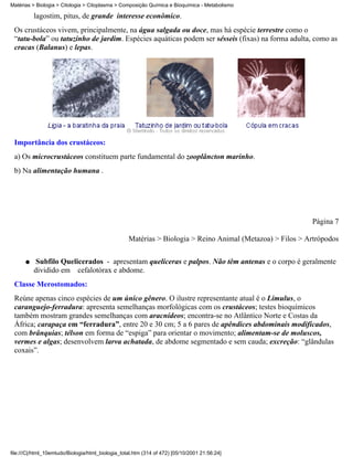 Matérias > Biologia > Citologia > Citoplasma > Composição Química e Bioquímica - Metabolismo

          lagostim, pitus, de grande interesse econômico.
 Os crustáceos vivem, principalmente, na água salgada ou doce, mas há espécie terrestre como o
 “tatu-bola” ou tatuzinho de jardim. Espécies aquáticas podem ser sésseis (fixas) na forma adulta, como as
 cracas (Balanus) e lepas.




 Importância dos crustáceos:
 a) Os microcrustáceos constituem parte fundamental do zooplâncton marinho.
 b) Na alimentação humana .




                                                                                                           Página 7

                                                   Matérias > Biologia > Reino Animal (Metazoa) > Filos > Artrópodos


      q    Subfilo Quelicerados - apresentam quelíceras e palpos. Não têm antenas e o corpo é geralmente
          dividido em cefalotórax e abdome.
 Classe Merostomados:
 Reúne apenas cinco espécies de um único gênero. O ilustre representante atual é o Limulus, o
 caranguejo-ferradura: apresenta semelhanças morfológicas com os crustáceos; testes bioquímicos
 também mostram grandes semelhanças com aracnídeos; encontra-se no Atlântico Norte e Costas da
 África; carapaça em “ferradura”, entre 20 e 30 cm; 5 a 6 pares de apêndices abdominais modificados,
 com brânquias; télson em forma de “espiga” para orientar o movimento; alimentam-se de moluscos,
 vermes e algas; desenvolvem larva achatada, de abdome segmentado e sem cauda; excreção: “glândulas
 coxais”.




file:///C|/html_10emtudo/Biologia/html_biologia_total.htm (314 of 472) [05/10/2001 21:56:24]
 