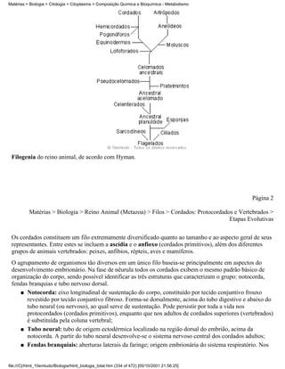 Matérias > Biologia > Citologia > Citoplasma > Composição Química e Bioquímica - Metabolismo




 Filogenia do reino animal, de acordo com Hyman.




                                                                                                Página 2

           Matérias > Biologia > Reino Animal (Metazoa) > Filos > Cordados: Protocordados e Vertebrados >
                                                                                        Etapas Evolutivas


 Os cordados constituem um filo extremamente diversificado quanto ao tamanho e ao aspecto geral de seus
 representantes. Entre estes se incluem a ascídia e o anfioxo (cordados primitivos), além dos diferentes
 grupos de animais vertebrados: peixes, anfibios, répteis, aves e mamíferos.
 O agrupamento de organismos tão diversos em um único filo baseia-se principalmente em aspectos do
 desenvolvimento embrionário. Na fase de nêurula todos os cordados exibem o mesmo padrão básico de
 organização do corpo, sendo possível identificar as três estruturas que caracterizam o grupo: notocorda,
 fendas branquias e tubo nervoso dorsal.
    q Notocorda: eixo longitudinal de sustentação do corpo, constituído por tecido conjuntivo frouxo
       revestido por tecido conjuntivo fibroso. Forma-se dorsalmente, acima do tubo digestivo e abaixo do
       tubo neural (ou nervoso), ao qual serve de sustentação. Pode persistir por toda a vida nos
       protocordados (cordados primitivos), enquanto que nos adultos de cordados superiores (vertebrados)
       é substituída pela coluna vertebral;
    q Tubo neural: tubo de origem ectodérmica localizado na região dorsal do embrião, acima da
       notocorda. A partir do tubo neural desenvolve-se o sistema nervoso central dos cordados adultos;
    q Fendas branquiais: aberturas laterais da faringe; origem embrionária do sistema respiratório. Nos




file:///C|/html_10emtudo/Biologia/html_biologia_total.htm (334 of 472) [05/10/2001 21:56:25]
 