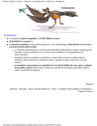 Matérias > Biologia > Citologia > Citoplasma > Composição Química e Bioquímica - Metabolismo




 MAMÍFEROS
   q evoluíram de répteis terapsidas, há    200 milhões de anos!
   q JURÁSSICO ("setembro").

   q os primeiros mamíferos eram animais pequenos, aos camundongos; alimentavam-se de insetos e
     possuíam dentição diferenciada.
         r os cientistas concluíram que o ancestral dos mamíferos tinha pêlos no corpo e sangue quente,
           mas não se sabe se punham ovos, se davam à luz os filhotes e se amamentavam os
           recém-nascidos.
         r acredita-se que esses primitivos mamíferos viviam sobre as árvores e tinham hábitos
           noturnos, saindo à procura de alimento à noite, e quando os répteis carnívoros estavam
           inativos.
         r os mamíferos começaram a se expandir há cerca de 65 milhões de anos, após a extinção
           dos grandes répteis. Desde então, o grupo teve grande diversificação, passando a habitar
           todos os ambientes do planeta.




                                                                                                Página 6

           Matérias > Biologia > Reino Animal (Metazoa) > Filos > Cordados: Protocordados e Vertebrados >
                                                                                        Etapas Evolutivas




file:///C|/html_10emtudo/Biologia/html_biologia_total.htm (345 of 472) [05/10/2001 21:56:25]
 