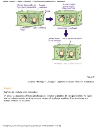 Matérias > Biologia > Citologia > Citoplasma > Composição Química e Bioquímica - Metabolismo




                                                                                                         Página 5

                                       Matérias > Biologia > Citologia > Orgânulos Celulares > Funções Metabólicas


 Exemplo:
 Secreção da célula de ácino pancreático:
 Os ácinos são pequenas estruturas glandulares que secretam as enzimas do suco pancreático. Na figura
 abaixo, está representado um ácino em corte transversal, sendo que as células ficam ao redor de um
 espaço, chamado luz ou lúmen.




file:///C|/html_10emtudo/Biologia/html_biologia_total.htm (35 of 472) [05/10/2001 21:56:09]
 