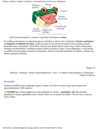 Matérias > Biologia > Citologia > Citoplasma > Composição Química e Bioquímica - Metabolismo




          g) Os sistemas digestivo, excretor e reprodutor terminam na cloaca.
 Os anfibios representam um importante passo na história evolutiva dos vertebrados. Foram os primeiros
 a conquistar o ambiente terrestre, sendo que parte de seu desenvolvimento ocorre na água, da qual
 dependem para a reprodução. Além disso, sua pele nua, desprovida de anexos que evitam a dessecação,
 restringe sua distribuição a ambientes muitos úmidos, próximos à água. Como adaptações à vida terrestre
 os anfibios possuem quatro membros locomotores, além de respiração pulmonar nos adultos, embora esta
 última seja pouco eficiente.




                                                                                                 Página 10

           Matérias > Biologia > Reino Animal (Metazoa) > Filos > Cordados: Protocordados e Vertebrados >
                                                                                        Etapas Evolutivas


 Diversidade
 Embora os anfíbios mais conhecidos sejam os sapos e rãs, há três ordens atuais que contam com
 aproximadamente 3.000 espécies:
 1) ANUROS que incluem sapos (com duas glândulas de veneno = paratóides), rãs (não possuem
 glândulas de veneno), pererecas (com ventosas adesivas nas pontas dos dedos). Não possuem cauda na
 forma adulta.




file:///C|/html_10emtudo/Biologia/html_biologia_total.htm (359 of 472) [05/10/2001 21:56:26]
 