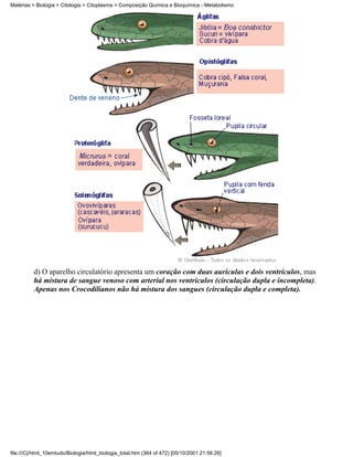 Matérias > Biologia > Citologia > Citoplasma > Composição Química e Bioquímica - Metabolismo




          d) O aparelho circulatório apresenta um coração com duas aurículas e dois ventrículos, mas
          há mistura de sangue venoso com arterial nos ventrículos (circulação dupla e incompleta).
          Apenas nos Crocodilianos não há mistura dos sangues (circulação dupla e completa).




file:///C|/html_10emtudo/Biologia/html_biologia_total.htm (364 of 472) [05/10/2001 21:56:26]
 