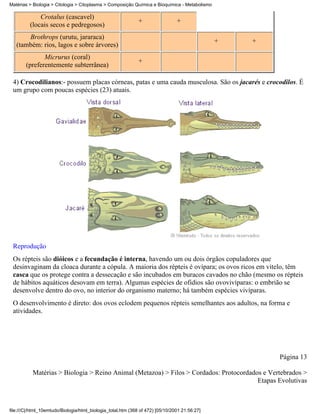Matérias > Biologia > Citologia > Citoplasma > Composição Química e Bioquímica - Metabolismo

             Crotalus (cascavel)
                                                              +                 +
         (locais secos e pedregosos)
       Brothrops (urutu, jararaca)
                                                                                               +   +
   (também: rios, lagos e sobre árvores)
               Micrurus (coral)
                                                              +
        (preferentemente subterrânea)

 4) Crocodilianos:- possuem placas córneas, patas e uma cauda musculosa. São os jacarés e crocodilos. É
 um grupo com poucas espécies (23) atuais.




 Reprodução
 Os répteis são dióicos e a fecundação é interna, havendo um ou dois órgãos copuladores que
 desinvaginam da cloaca durante a cópula. A maioria dos répteis é ovípara; os ovos ricos em vitelo, têm
 casca que os protege contra a dessecação e são incubados em buracos cavados no chão (mesmo os répteis
 de hábitos aquáticos desovam em terra). Algumas espécies de ofidios são ovovivíparas: o embrião se
 desenvolve dentro do ovo, no interior do organismo materno; há também espécies vivíparas.
 O desenvolvimento é direto: dos ovos eclodem pequenos répteis semelhantes aos adultos, na forma e
 atividades.




                                                                                                       Página 13

           Matérias > Biologia > Reino Animal (Metazoa) > Filos > Cordados: Protocordados e Vertebrados >
                                                                                        Etapas Evolutivas



file:///C|/html_10emtudo/Biologia/html_biologia_total.htm (368 of 472) [05/10/2001 21:56:27]
 