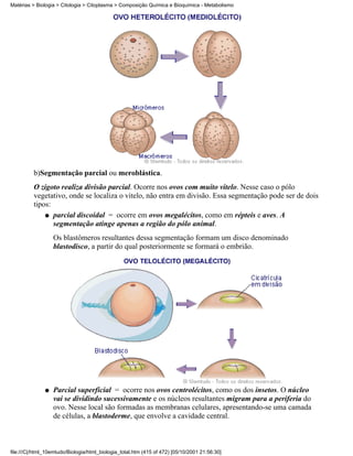 Matérias > Biologia > Citologia > Citoplasma > Composição Química e Bioquímica - Metabolismo




          b)Segmentação parcial ou meroblástica.
          O zigoto realiza divisão parcial. Ocorre nos ovos com muito vitelo. Nesse caso o pólo
          vegetativo, onde se localiza o vitelo, não entra em divisão. Essa segmentação pode ser de dois
          tipos:
              q parcial discoidal = ocorre em ovos megalécitos, como em répteis e aves. A
                 segmentação atinge apenas a região do pólo animal.
                   Os blastômeros resultantes dessa segmentação formam um disco denominado
                   blastodisco, a partir do qual posteriormente se formará o embrião.




               q   Parcial superficial = ocorre nos ovos centrolécitos, como os dos insetos. O núcleo
                   vai se dividindo sucessivamente e os núcleos resultantes migram para a periferia do
                   ovo. Nesse local são formadas as membranas celulares, apresentando-se uma camada
                   de células, a blastoderme, que envolve a cavidade central.



file:///C|/html_10emtudo/Biologia/html_biologia_total.htm (415 of 472) [05/10/2001 21:56:30]
 