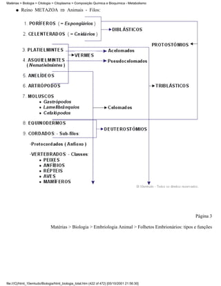 Matérias > Biologia > Citologia > Citoplasma > Composição Química e Bioquímica - Metabolismo

      q   Reino METAZOA                   Animais - Filos:




                                                                                                      Página 3

                              Matérias > Biologia > Embriologia Animal > Folhetos Embrionários: tipos e funções




file:///C|/html_10emtudo/Biologia/html_biologia_total.htm (422 of 472) [05/10/2001 21:56:30]
 