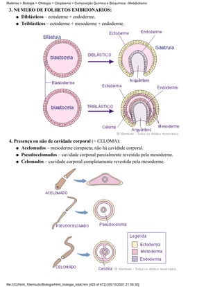 Matérias > Biologia > Citologia > Citoplasma > Composição Química e Bioquímica - Metabolismo

 3. NÚMERO DE FOLHETOS EMBRIONÁRIOS:
     q Diblásticos – ectoderme + endoderme.

     q Triblásticos – ectoderme + mesoderme + endoderme.




 4. Presença ou não de cavidade corporal (= CELOMA):
     q Acelomados – mesoderme compacta; não há cavidade corporal.

     q Pseudocelomados – cavidade corporal parcialmente revestida pela mesoderme.

     q Celomados – cavidade corporal completamente revestida pela mesoderme.




file:///C|/html_10emtudo/Biologia/html_biologia_total.htm (425 of 472) [05/10/2001 21:56:30]
 