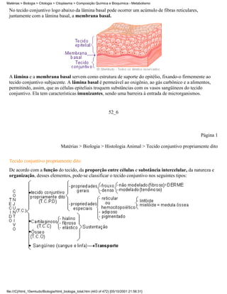 Matérias > Biologia > Citologia > Citoplasma > Composição Química e Bioquímica - Metabolismo

 No tecido conjuntivo logo abaixo da lâmina basal pode ocorrer um acúmulo de fibras reticulares,
 juntamente com a lâmina basal, a membrana basal.




 A lâmina e a membrana basal servem como estrutura de suporte do epitélio, fixando-o firmemente ao
 tecido conjuntivo subjacente. A lâmina basal é permeável ao oxigênio, ao gás carbônico e a alimentos,
 permitindo, assim, que as células epiteliais troquem substâncias com os vasos sangüíneos do tecido
 conjuntivo. Ela tem características imunizantes, sendo uma barreira à entrada de microrganismos.


                                                                     52_6



                                                                                                        Página 1

                                    Matérias > Biologia > Histologia Animal > Tecido conjuntivo propriamente dito


 Tecido conjuntivo propriamente dito
 De acordo com a função do tecido, da proporção entre células e substância intercelular, da natureza e
 organização, desses elementos, pode-se classificar o tecido conjuntivo nos seguintes tipos:




file:///C|/html_10emtudo/Biologia/html_biologia_total.htm (443 of 472) [05/10/2001 21:56:31]
 