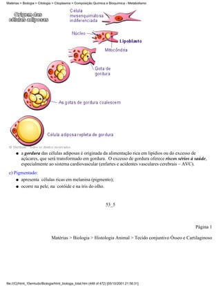 Matérias > Biologia > Citologia > Citoplasma > Composição Química e Bioquímica - Metabolismo




      q   a gordura das células adiposas é originada da alimentação rica em lipídios ou do excesso de
          açúcares, que será transformado em gordura. O excesso de gordura oferece riscos sérios à saúde,
          especialmente ao sistema cardiovascular (enfartes e acidentes vasculares cerebrais – AVC).
 c) Pigmentado:
     q apresenta células ricas em melanina (pigmento);

     q ocorre na pele, na coróide e na íris do olho.




                                                                     53_5



                                                                                                       Página 1

                               Matérias > Biologia > Histologia Animal > Tecido conjuntivo Ósseo e Cartilaginoso




file:///C|/html_10emtudo/Biologia/html_biologia_total.htm (448 of 472) [05/10/2001 21:56:31]
 