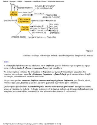 Matérias > Biologia > Citologia > Citoplasma > Composição Química e Bioquímica - Metabolismo




                                                                                                       Página 7

                               Matérias > Biologia > Histologia Animal > Tecido conjuntivo Sangüíneo e Linfático


 Linfa
 A circulação linfática ocorre no interior de vasos linfáticos, que são de fundo cego e captam do espaço
 entre-células a fração de plasma extravasada da corrente sangüínea.
 Na composição da linfa não há hemácias e os linfócitos são a grande maioria dos leucócitos. Na
 estrutura interna desses vasos há válvulas que impedem o refluxo da linfa que é transportada na direção
 do coração, desembocando nas veias subclávias.
 No percurso que faz, a corrente linfática atravessa muitos gânglios ou linfonodos, que filtrarão a linfa,
 retirando dela vírus, bactérias e resíduos celulares que foram fagocitados pelos linfócitos.
 Quando passa pelo intestino a corrente linfática absorve os nutrientes lipossolúveis da digestão: ácidos
 graxos e vitaminas A, D, E, K. A fração hidrossolúvel já digerida e absorvida é transportada pela corrente
 sangüínea: monossacarídios, aminoácidos, sais, vitaminas do complexo B e vitamina C.




file:///C|/html_10emtudo/Biologia/html_biologia_total.htm (460 of 472) [05/10/2001 21:56:32]
 