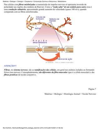 Matérias > Biologia > Citologia > Citoplasma > Composição Química e Bioquímica - Metabolismo

 Nas células com fibras mielinizadas a transmissão do impulso nervoso só apresenta inversão de
 polaridade nas regiões dos nódulos de Ranvier. Como a “onda salta” de um nódulo para outro essa é
 uma condução saltatória, apresentando grande aumento de velocidade (quase 100 m/s), quando
 comparada com as fibras amielinizadas.




 ATENÇÃO!!!
 Fibras, no sistema nervoso, são as ramificações das células, em geral nos axônios isolados ou formando
 feixes (nos nervos). Conseqüentemente, são diferentes da fibra muscular (que é a célula muscular) e das
 fibras protéicas do tecido conjuntivo.




                                                                                                               Página 7

                                                                Matérias > Biologia > Histologia Animal > Tecido Nervoso




file:///C|/html_10emtudo/Biologia/html_biologia_total.htm (470 of 472) [05/10/2001 21:56:33]
 