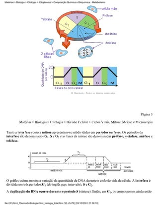 Matérias > Biologia > Citologia > Citoplasma > Composição Química e Bioquímica - Metabolismo




                                                                                                    Página 3

              Matérias > Biologia > Citologia > Divisão Celular > Ciclos Vitais, Mitose, Meiose e Microscopia


 Tanto a interfase como a mitose apresentam-se subdivididas em períodos ou fases. Os períodos da
 interfase são denominados G1, S e G2 e as fases da mitose são denominadas prófase, metáfase, anáfase e
 telófase.




 O gráfico acima mostra a variação da quantidade de DNA durante o ciclo de vida da célula. A interfase é
 dividida em três períodos:G1 (do inglês gap, intervalo), S e G2.

 A duplicação do DNA ocorre durante o período S (síntese). Então, em G1, os cromossomos ainda estão


file:///C|/html_10emtudo/Biologia/html_biologia_total.htm (50 of 472) [05/10/2001 21:56:10]
 