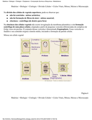 Matérias > Biologia > Citologia > Citoplasma > Composição Química e Bioquímica - Metabolismo


              Matérias > Biologia > Citologia > Divisão Celular > Ciclos Vitais, Mitose, Meiose e Microscopia


 Na divisão das células de vegetais superiores, pode-se observar que:
    q   não há centríolos - mitose acêntrica;
    q   não há formação de fibras do áster - mitose anastral;
    q   citocinese - centrífuga (de dentro para fora)
 Na citocinese das células vegetais não ocorre invaginação da membrana plasmática e sim formação
 centrífuga de uma placa celular, originada a partir de pequenas vesículas diferenciadas do complexo de
 Golgi, ricas em pectina. O conjunto dessas vesículas é denominado fragmoplasto. Essas vesículas se
 fundem e seu conteúdo origina a lamela média, iniciando a formação da parede celular.
 Mitose em célula vegetal.




                                                                                                    Página 6

              Matérias > Biologia > Citologia > Divisão Celular > Ciclos Vitais, Mitose, Meiose e Microscopia




file:///C|/html_10emtudo/Biologia/html_biologia_total.htm (54 of 472) [05/10/2001 21:56:10]
 