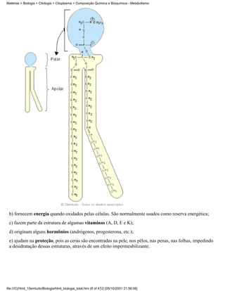 Matérias > Biologia > Citologia > Citoplasma > Composição Química e Bioquímica - Metabolismo




 b) fornecem energia quando oxidados pelas células. São normalmente usados como reserva energética;
 c) fazem parte da estrutura de algumas vitaminas (A, D, E e K);
 d) originam alguns hormônios (andrógenos, progesterona, etc.);
 e) ajudam na proteção, pois as ceras são encontradas na pele, nos pêlos, nas penas, nas folhas, impedindo
 a desidratação dessas estruturas, através de um efeito impermeabilizante.




file:///C|/html_10emtudo/Biologia/html_biologia_total.htm (8 of 472) [05/10/2001 21:56:08]
 