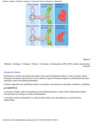 Matérias > Biologia > Citologia > Citoplasma > Composição Química e Bioquímica - Metabolismo




                                                                                                       Página 8

  Matérias > Biologia > Citologia > Núcleo > Cromatina - Cromossomos; DNA; RNA, Síntese de proteínas;
                                                                                            Nucléolo


 Estrutura do Núcleo
 Geralmente as células apresentam um núcleo único aproximadamente esférico e mais ou menos central.
 Entretanto, há aquelas que têm dois ou mais núcleos, alguns de formato iregular ou ainda deslocados para
 a periferia, junto da membrana plasmática.
 O núcleo apresenta uma membrana nuclear ou carioteca, suco nuclear ou cariolinfa, cromatina e nucléolos.
 a) CARIOTECA
 A carioteca é dupla, sendo constituída por uma membrana interna e outra externa. Ribossomos podem
 estar presentes na carioteca, ao lado do hialoplasma.
 A carioteca é porosa, lipoprotéica e a cada divisão celular ela se desorganiza e se reconstitui nas
 células-filhas.




file:///C|/html_10emtudo/Biologia/html_biologia_total.htm (81 of 472) [05/10/2001 21:56:11]
 