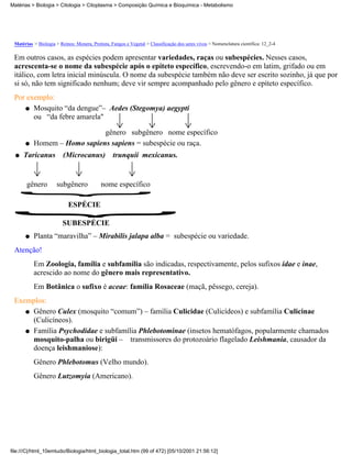 Matérias > Biologia > Citologia > Citoplasma > Composição Química e Bioquímica - Metabolismo




 Matérias > Biologia > Reinos: Monera, Protista, Fungos e Vegetal > Classificação dos seres vivos > Nomenclatura científica: 12_2-4

 Em outros casos, as espécies podem apresentar variedades, raças ou subespécies. Nesses casos,
 acrescenta-se o nome da subespécie após o epíteto específico, escrevendo-o em latim, grifado ou em
 itálico, com letra inicial minúscula. O nome da subespécie também não deve ser escrito sozinho, já que por
 si só, não tem significado nenhum; deve vir sempre acompanhado pelo gênero e epíteto específico.
 Por exemplo:
    q Mosquito “da dengue”– Aedes (Stegomya) aegypti
       ou “da febre amarela"

                             gênero subgênero nome específico
      q   Homem – Homo sapiens sapiens = subespécie ou raça.
  q   Taricanus          (Microcanus)             trunquii mexicanus.


       gênero         subgênero             nome específico

                           ESPÉCIE

                         SUBESPÉCIE
      q   Planta “maravilha” – Mirabilis jalapa alba = subespécie ou variedade.
 Atenção!
          Em Zoologia, família e subfamília são indicadas, respectivamente, pelos sufixos idae e inae,
          acrescido ao nome do gênero mais representativo.
          Em Botânica o sufixo é aceae: família Rosaceae (maçã, pêssego, cereja).
 Exemplos:
    q Gênero Culex (mosquito “comum”) – família Culicidae (Culicídeos) e subfamília Culicinae
      (Culicíneos).
    q Família Psychodidae e subfamília Phlebotominae (insetos hematófagos, popularmente chamados
      mosquito-palha ou birigüi – transmissores do protozoário flagelado Leishmania, causador da
      doença leishmaniose):
          Gênero Phlebotomus (Velho mundo).
          Gênero Lutzomyia (Americano).




file:///C|/html_10emtudo/Biologia/html_biologia_total.htm (99 of 472) [05/10/2001 21:56:12]
 