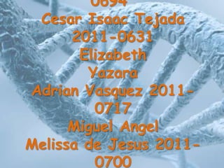 0694
 Cesar Isaac Tejada
      2011-0631
       Elizabeth
        Yazara
Adrian Vasquez 2011-
         0717
      Miguel Angel
Melissa de Jesus 2011-
         0700
 