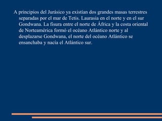 A principios del Jurásico ya existían dos grandes masas terrestres
  separadas por el mar de Tetis. Laurasia en el norte y en el sur
  Gondwana. La fisura entre el norte de África y la costa oriental
  de Norteamérica formó el océano Atlántico norte y al
  desplazarse Gondwana, el norte del océano Atlántico se
  ensanchaba y nacía el Atlántico sur.
 