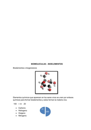 BIOMOLECULAS – BIOELEMENTOS

Bioelementos o biogenesicos




Elementos químicos que aparecen en los seres vivos se unen por enlaces
químicos para formar bioelementos y estos forman la materia viva.

100         20

      Carbono
                                20
      Hidrogeno
                                      100
      Oxigeno
      Nitrogeno
 