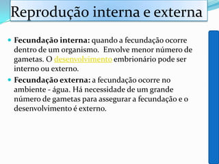 Reprodução interna e externa
 Fecundação interna: quando a fecundação ocorre
dentro de um organismo. Envolve menor número de
gametas. O desenvolvimento embrionário pode ser
interno ou externo.
 Fecundação externa: a fecundação ocorre no
ambiente - água. Há necessidade de um grande
número de gametas para assegurar a fecundação e o
desenvolvimento é externo.
 