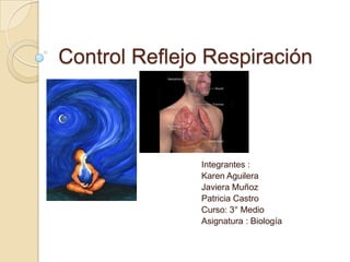 Control Reflejo Respiración
Integrantes :
Karen Aguilera
Javiera Muñoz
Patricia Castro
Curso: 3° Medio
Asignatura : Biología
 