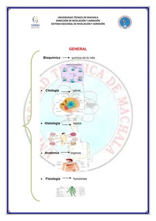 UNIVERSIDAD TÉCNICA DE MACHALA
DIRECCIÓN DE NIVELACIÓN Y ADMISIÓN
SISTEMA NACIONAL DE NIVELACIÓN Y ADMISIÓN
GENERAL
Bioquímica química de la vida
Citología célula
Histología tejidos
Anatomía órganos
Fisiología funciones
 