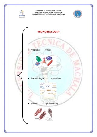 UNIVERSIDAD TÉCNICA DE MACHALA
DIRECCIÓN DE NIVELACIÓN Y ADMISIÓN
SISTEMA NACIONAL DE NIVELACIÓN Y ADMISIÓN
MICROBIOLOGIA
Virologia (virus)
Bacteriologia (bacterias)
Protista (protozoarios)
 