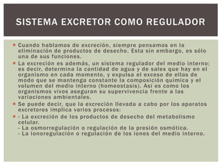 SISTEMA EXCRETOR COMO REGULADOR
 Cuando hablamos de excreción, siempre pensamos en la
eliminación de productos de desecho. Esta sin embargo, es sólo
una de sus funciones.
 La excreción es además, un sistema regulador del medio interno;
es decir, determina la cantidad de agua y de sales que hay en el
organismo en cada momento, y expulsa el exceso de ellas de
modo que se mantenga constante la composición química y el
volumen del medio interno (homeostasis). Así es como los
organismos vivos aseguran su supervivencia frente a las
variaciones ambientales.
 Se puede decir, que la excreción llevada a cabo por los aparatos
excretores implica varios procesos:
 - La excreción de los productos de desecho del metabolismo
celular.
- La osmorregulación o regulación de la presión osmótica.
- La ionoregulación o regulación de los iones del medio interno.

 