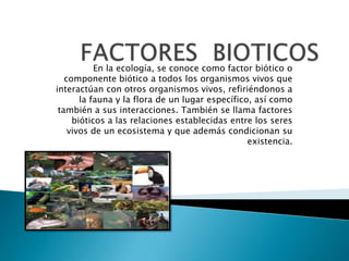 En la ecología, se conoce como factor biótico o
componente biótico a todos los organismos vivos que
interactúan con otros organismos vivos, refiriéndonos a
la fauna y la flora de un lugar específico, así como
también a sus interacciones. También se llama factores
bióticos a las relaciones establecidas entre los seres
vivos de un ecosistema y que además condicionan su
existencia.

 
