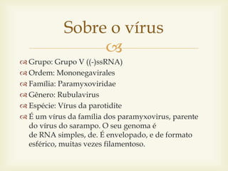 
 Grupo: Grupo V ((-)ssRNA)
 Ordem: Mononegavirales
 Família: Paramyxoviridae
 Gênero: Rubulavirus
 Espécie: Vírus d...