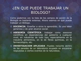 ¿EN QUE PUEDE TRABAJAR UN
BIOLOGO?
Como podemos ver, la lista de los campos de acción de la
Biología es bastante extensa; Ahora veamos en qué puede
trabajar un Biólogo.
 DOCENCIA: Enseñar a otros lo aprendido. Es una labor
generosa y de gran alcance social.
 ASESORÍA CIENTÍFICA: trabajar como asesores
científicos en dependencias del gobierno a cualquier
nivel, en industrias de todo tipo, especialmente en la
industria alimenticia, en la de fibras químicas, en la
farmacológica, etc.
 INVESTIGACION APLICADA :Puedes recluirte dentro
de las paredes de un laboratorio ocupado en encontrar
respuestas a ciertos eventos de la naturaleza.
 
