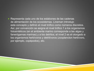  Representa cada uno de los eslabones de las cadenas 
de alimentación de los ecosistemas. Lineman introdujo 
este concepto y definió el nivel trófico como números discretos. 
Así, por convención se asigna el nivel trófico 1 a los organismos 
fotosintéticos (en el ambiente marino corresponde a las algas y 
fanerógamas marinas) y a los detritos; el nivel 2 es el otorgado a 
los organismos herbívoros y detritívoros (zooplancton herbívoro, 
por ejemplo, copépodos), etc. 
 
