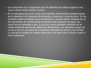 Un consumidor es un organismo que se alimenta de materia orgánica viva 
(que no lleva mucho tiempo muerta). 
 En la naturaleza los seres vivos se encuentran íntimamente correlacionados 
en lo referente a la búsqueda de alimentos, protección y reproducción. En los 
animales existe competencia por el alimento y muchos deben cuidarse de no 
ser devorados. En cambio entre las plantas solo necesitan de agua, luz, 
suelo rico en minerales y aire. Es por eso que el equilibrio existente en el 
medio ambiente está en las relaciones alimenticias. Los alimentos pasan de 
un ser a otro en una serie de actividades reiteradas de comer y ser comido. 
Lo cual es en síntesis la cadena alimenticia que tiene como máximo cuatro o 
cinco eslabones. 
 