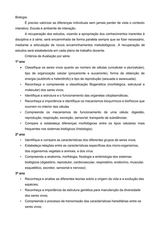 Biologia.
É preciso valorizar as diferenças individuais sem jamais perder de vista o contexto
interativo. Escola é ambiente de interação.
A recuperação dos estudos, visando a apropriação dos conhecimentos inerentes à
disciplina e à série, será encaminhada de forma paralela sempre que se fizer necessário,
mediante a articulação de novos encaminhamentos metodológicos. A recuperação de
estudos será estabelecida em cada plano de trabalho docente.
Critérios de Avaliação por série:
1º ano
• Classifique os seres vivos quanto ao número de células (unicelular e pluricelular),
tipo de organização celular (procarionte e eucarionte), forma de obtenção de
energia (autótrofo e heterótrofo) e tipo de reprodução (sexuada e assexuada);
• Reconheça e compreenda a classificação filogenética (morfológica, estrutural e
molecular) dos seres vivos;
• Identifique a estrutura e o funcionamento das organelas citoplasmáticas;
• Reconheça a importância e identifique os mecanismos bioquímicos e biofísicos que
ocorrem no interior das células
• Compreenda os mecanismos de funcionamento de uma célula: digestão,
reprodução, respiração, excreção, sensorial, transporte de substâncias;
• Compare e estabeleça diferenças morfológicas entre os tipos celulares mais
frequentes nos sistemas biológicos (histologia);
2º ano
• Identifique e compare as características dos diferentes grupos de seres vivos;
• Estabeleça relações entre as características específicas dos micro-organismos,
dos organismos vegetais e animais, e dos vírus
• Compreenda a anatomia, morfologia, fisiologia e embriologia dos sistemas
biológicos (digestório, reprodutor, cardiovascular, respiratório, endócrino, muscular,
esquelético, excretor, sensorial e nervoso)
3º ano
• Reconheça e analise as diferentes teorias sobre a origem da vida e a evolução das
espécies;
• Reconheça a importância da estrutura genética para manutenção da diversidade
dos seres vivos;
• Compreenda o processo de transmissão das características hereditárias entre os
seres vivos;
 