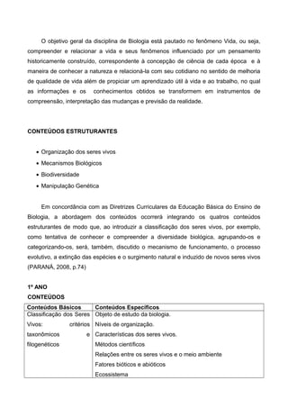 O objetivo geral da disciplina de Biologia está pautado no fenômeno Vida, ou seja,
compreender e relacionar a vida e seus fenômenos influenciado por um pensamento
historicamente construído, correspondente à concepção de ciência de cada época e à
maneira de conhecer a natureza e relacioná-la com seu cotidiano no sentido de melhoria
de qualidade de vida além de propiciar um aprendizado útil à vida e ao trabalho, no qual
as informações e os conhecimentos obtidos se transformem em instrumentos de
compreensão, interpretação das mudanças e previsão da realidade.
CONTEÚDOS ESTRUTURANTES
• Organização dos seres vivos
• Mecanismos Biológicos
• Biodiversidade
• Manipulação Genética
Em concordância com as Diretrizes Curriculares da Educação Básica do Ensino de
Biologia, a abordagem dos conteúdos ocorrerá integrando os quatros conteúdos
estruturantes de modo que, ao introduzir a classificação dos seres vivos, por exemplo,
como tentativa de conhecer e compreender a diversidade biológica, agrupando-os e
categorizando-os, será, também, discutido o mecanismo de funcionamento, o processo
evolutivo, a extinção das espécies e o surgimento natural e induzido de novos seres vivos
(PARANÁ, 2008, p.74)
1º ANO
CONTEÚDOS
Conteúdos Básicos Conteúdos Específicos
Classificação dos Seres
Vivos: critérios
taxonômicos e
filogenéticos
Objeto de estudo da biologia.
Níveis de organização.
Características dos seres vivos.
Métodos científicos
Relações entre os seres vivos e o meio ambiente
Fatores bióticos e abióticos
Ecossistema
 