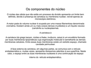 Os componentes do núcleo
O núcleo das célula que não estão em processo de divisão apresenta um limite bem
definido, devido à presença da carioteca ou membrana nuclear, visível apenas ao
microscópio eletrônico.
A maior parte do volume nuclear é ocupada por uma massa filamentosa denominada
cromatina. Existem ainda um ou mais corpos densos (nucléolos) e um líquido viscoso
(cariolinfa ou nucleoplasmaà.
A carioteca à
A carioteca (do grego karyon, núcleo e theke, invólucro, caixa) é um envoltório formado
por duas membranas lipoprotéicas cuja organização molecular é semelhante as demais
membranas celulares. Entre essas duas membranas existe um estreito espaço, chamado
cavidade perinuclear.
A face externa da carioteca, em algumas partes, se comunica com o retículo
endoplasmático e, muitas vezes, apresenta ribossomos aderidos à sua superfície. Neste
caso, o espaço entre as duas membranas nucleares é uma continuação do espaço
interno do retículo endoplasmático.
 